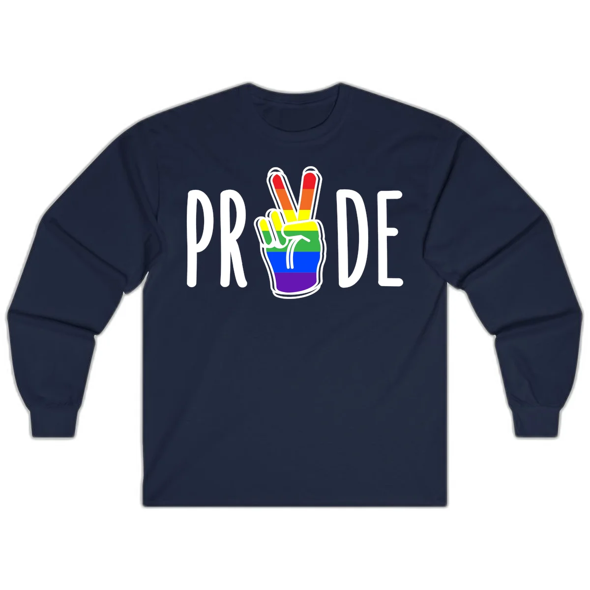 Pride peace hand rainbow design with colorful peace gesture and PRIDE text in Navy