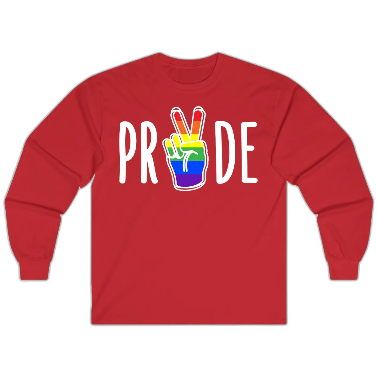 Pride peace hand rainbow design with colorful peace gesture and PRIDE text in Red