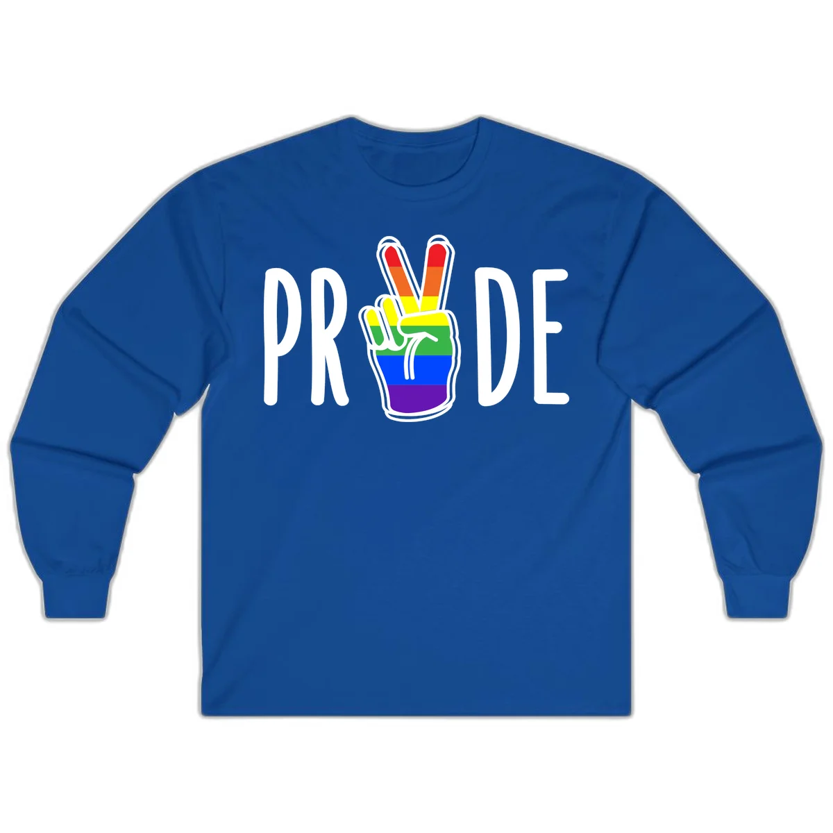 Pride peace hand rainbow design with colorful peace gesture and PRIDE text in Royal