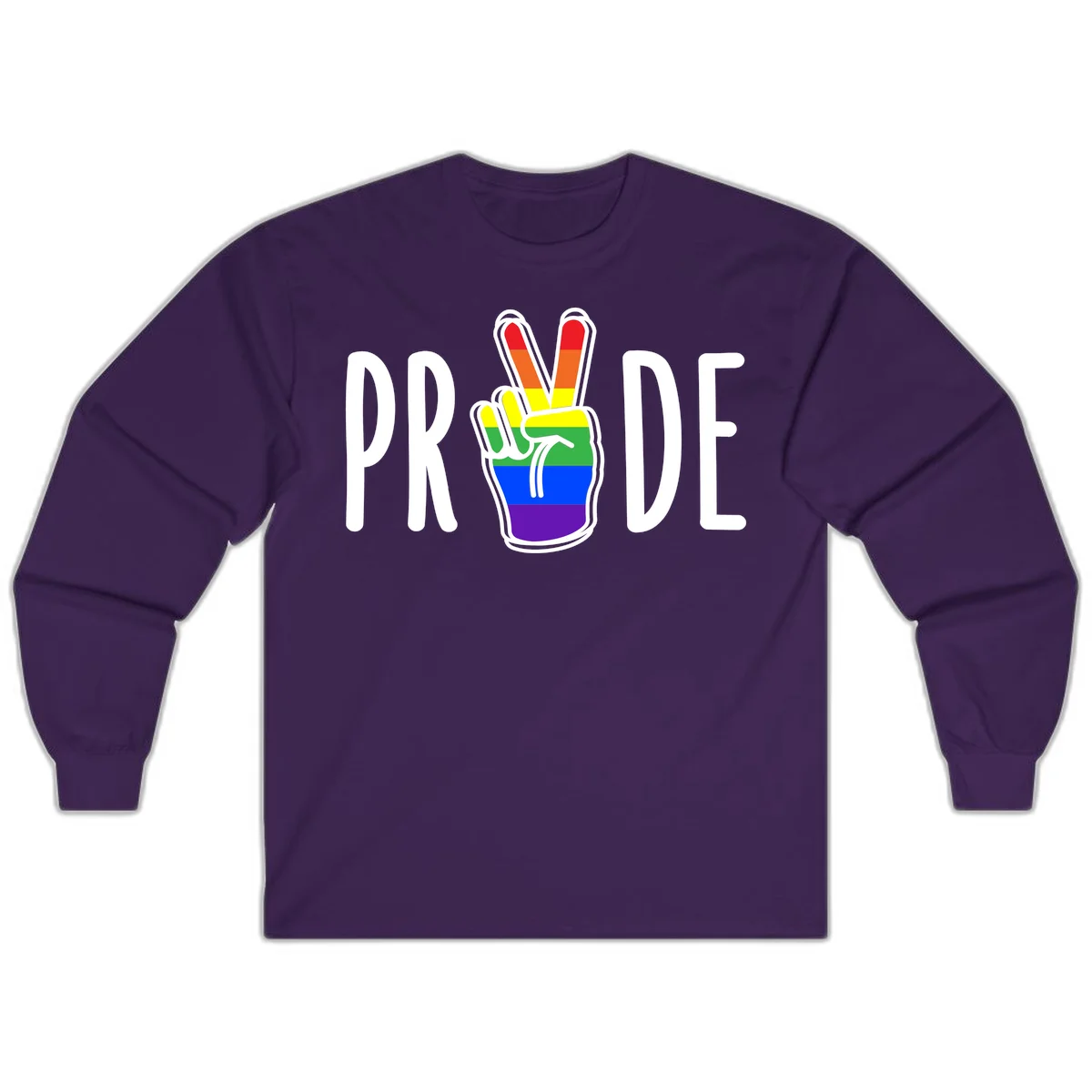 Pride peace hand rainbow design with colorful peace gesture and PRIDE text in Purple