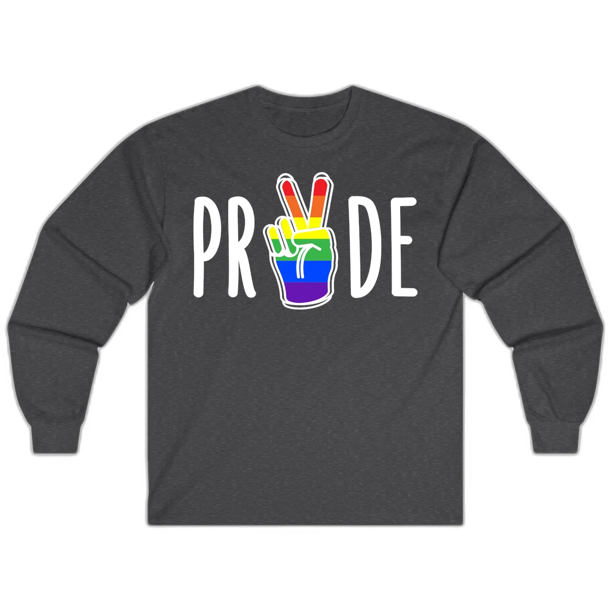 Pride peace hand rainbow design with colorful peace gesture and PRIDE text in Dark Heather