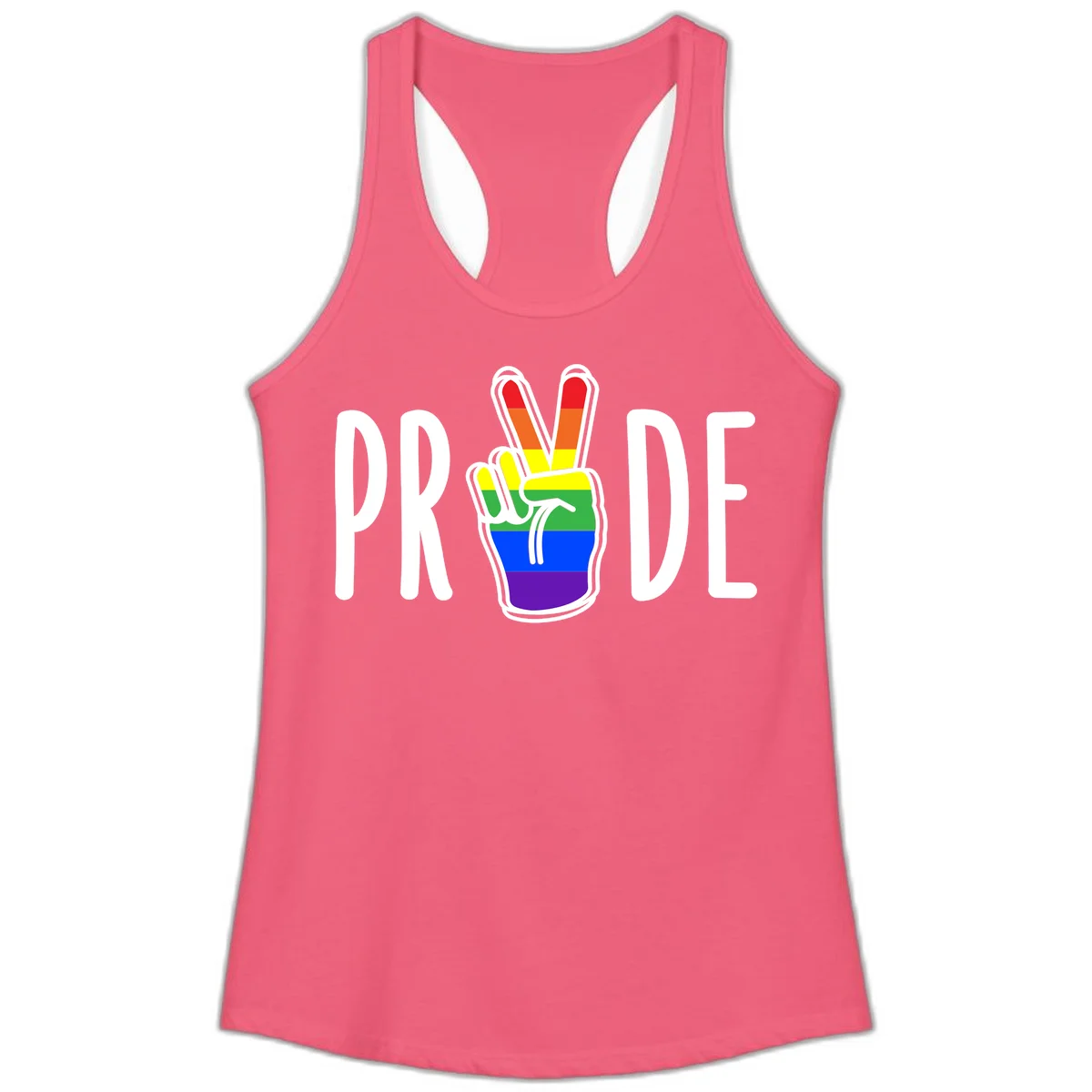 Pride peace hand rainbow design with colorful peace gesture and PRIDE text in Hot Pink