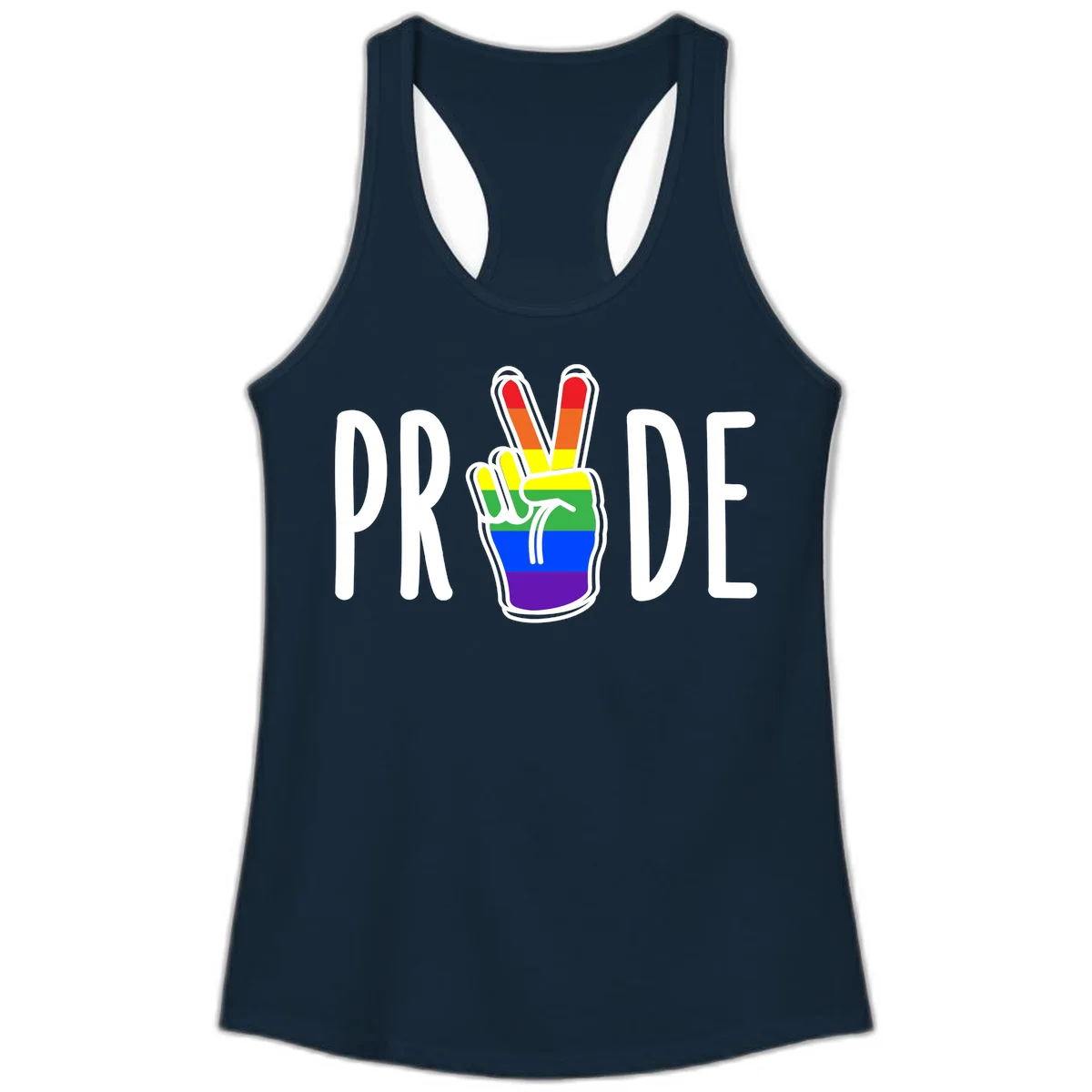 Pride peace hand rainbow design with colorful peace gesture and PRIDE text in Solid Midnight Navy