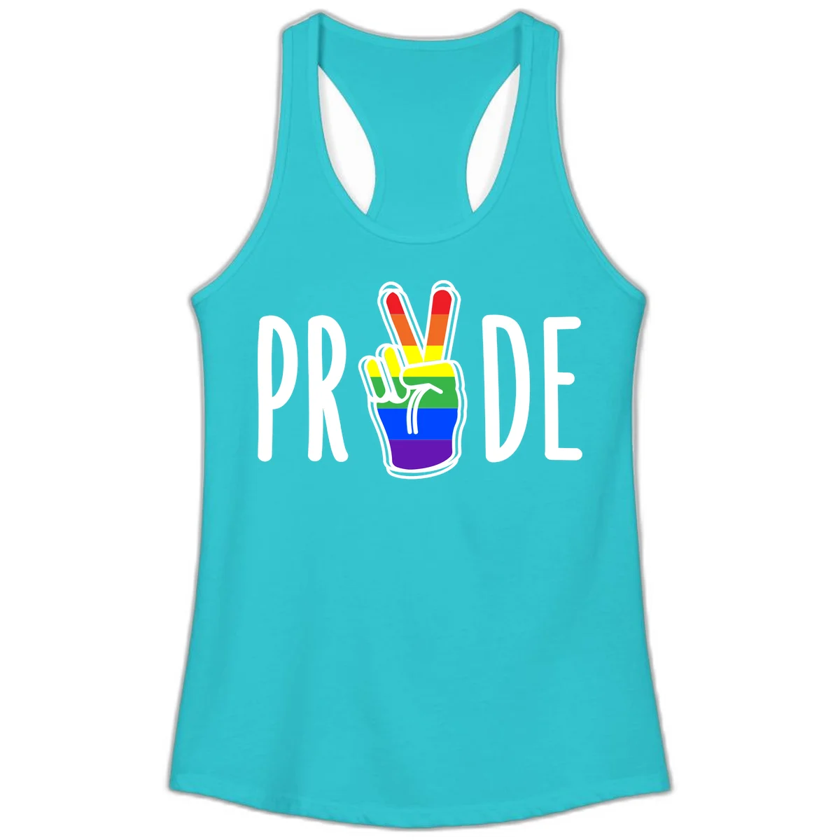 Pride peace hand rainbow design with colorful peace gesture and PRIDE text in Solid Tahiti Blue