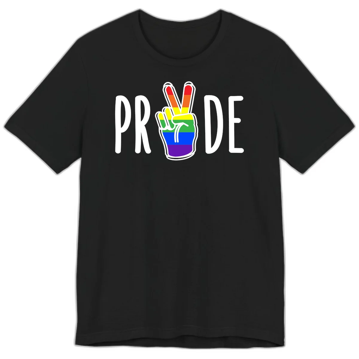 Pride peace hand rainbow design with colorful peace gesture and PRIDE text in Black