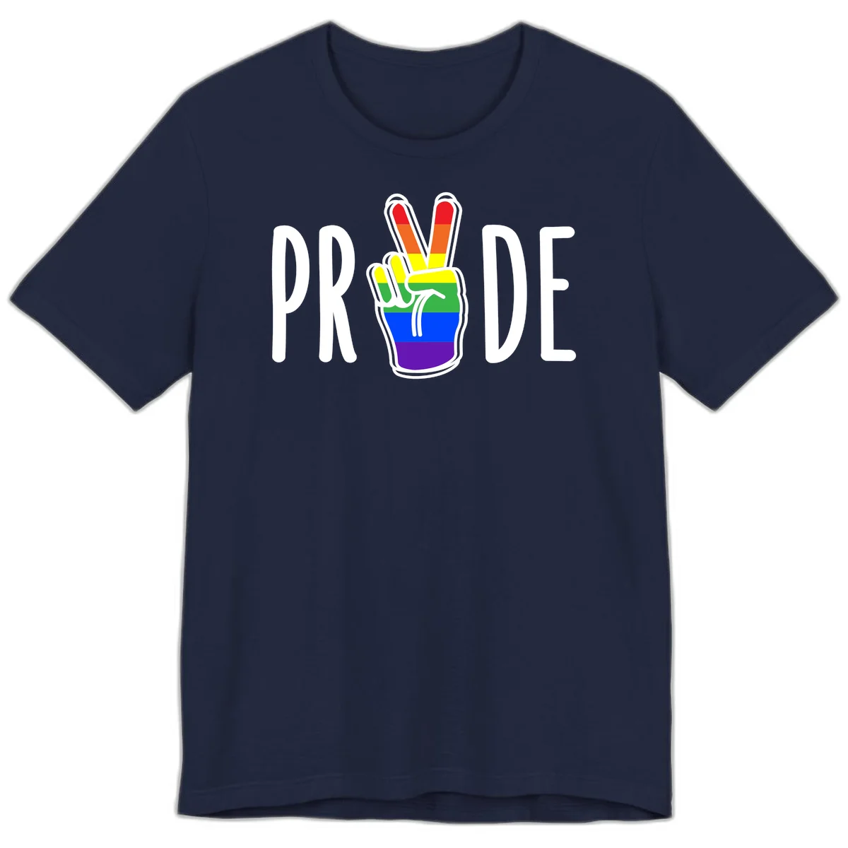 Pride peace hand rainbow design with colorful peace gesture and PRIDE text in Navy