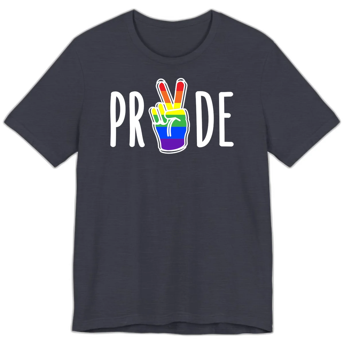 Pride peace hand rainbow design with colorful peace gesture and PRIDE text in Heather Midnight Navy