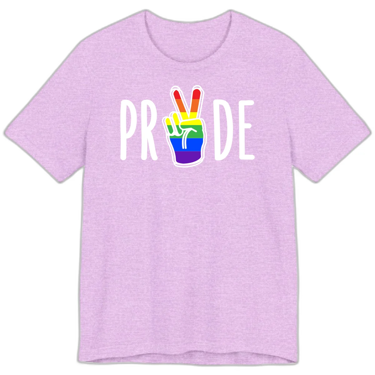 Pride peace hand rainbow design with colorful peace gesture and PRIDE text in Heather Prism Lilac