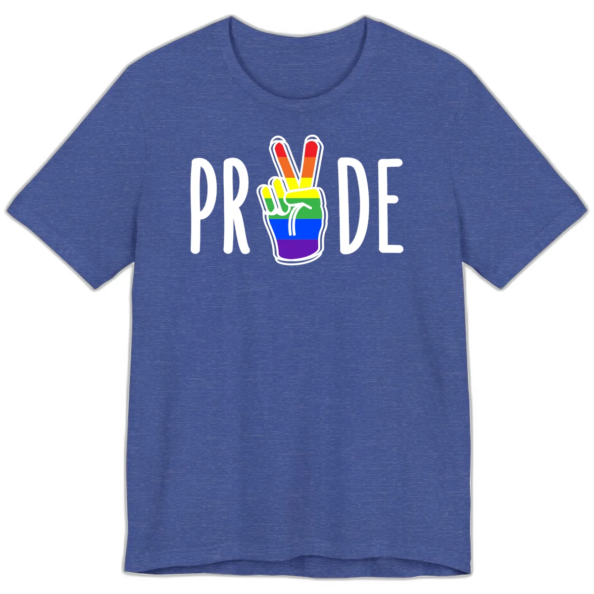Pride peace hand rainbow design with colorful peace gesture and PRIDE text in Heather True Royal