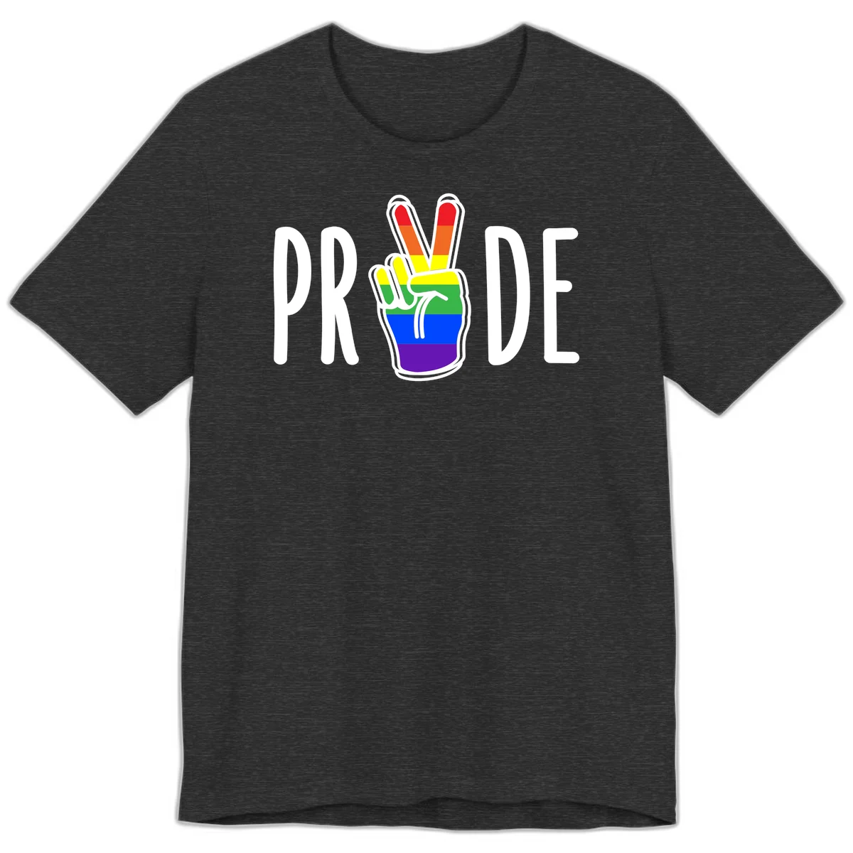 Pride peace hand rainbow design with colorful peace gesture and PRIDE text in Dark Grey Heather