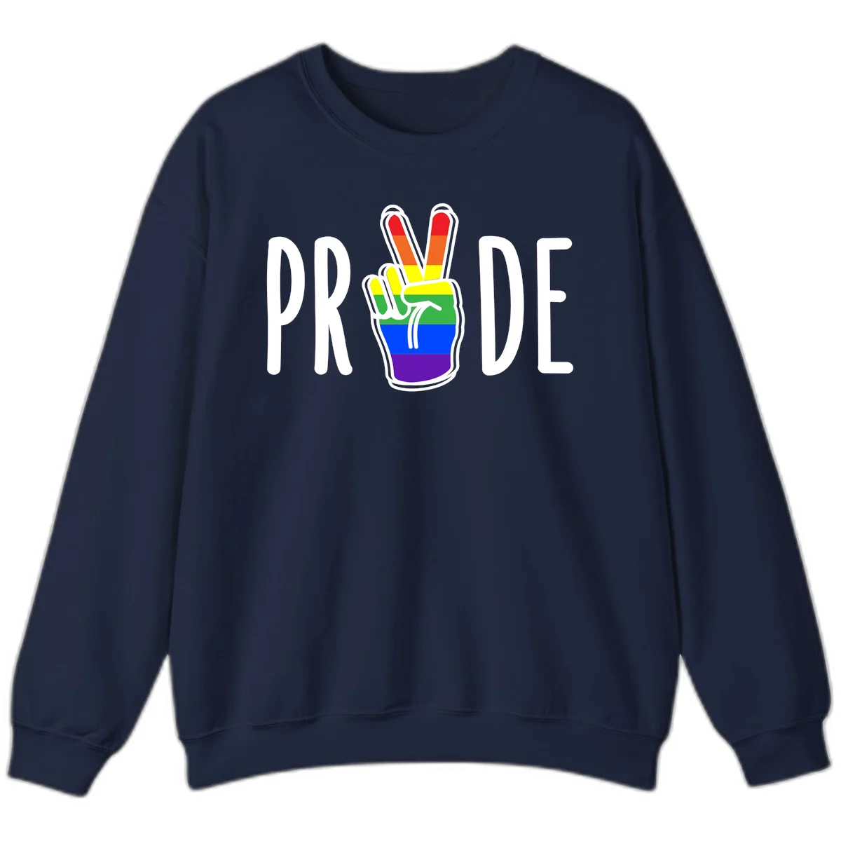 Pride peace hand rainbow design with colorful peace gesture and PRIDE text in Navy
