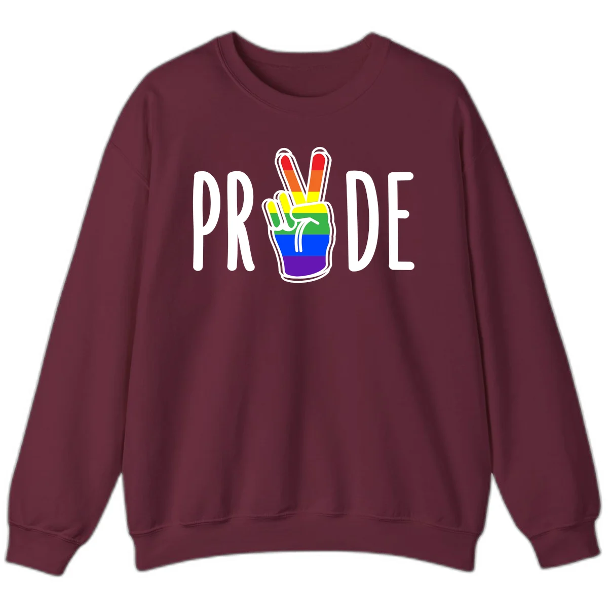Pride peace hand rainbow design with colorful peace gesture and PRIDE text in Maroon