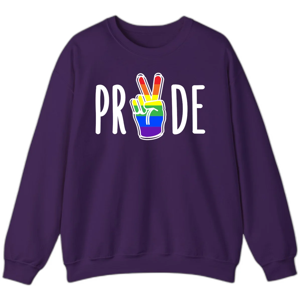 Pride peace hand rainbow design with colorful peace gesture and PRIDE text in Purple