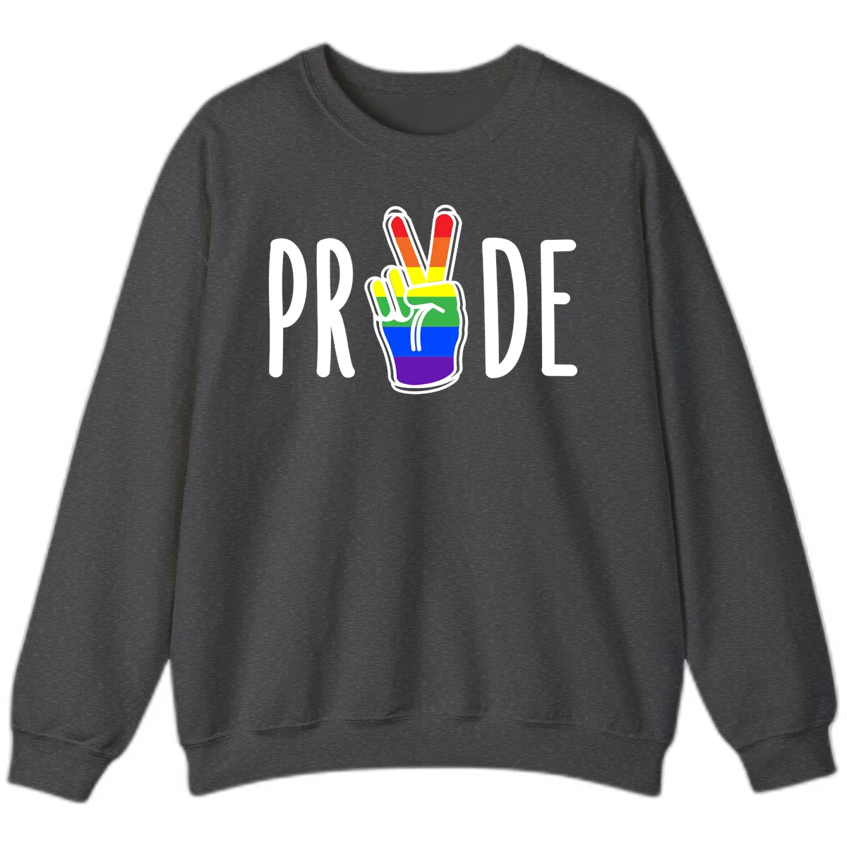 Pride peace hand rainbow design with colorful peace gesture and PRIDE text in Dark Heather