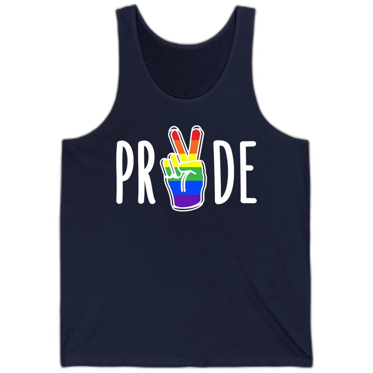 Pride peace hand rainbow design with colorful peace gesture and PRIDE text in Navy
