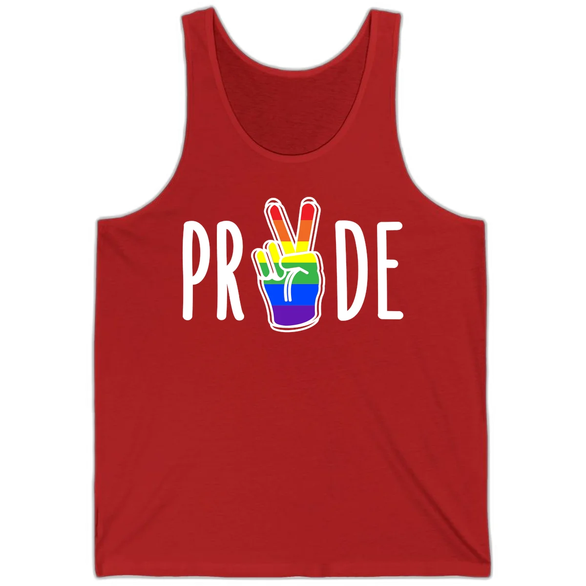 Pride peace hand rainbow design with colorful peace gesture and PRIDE text in Red