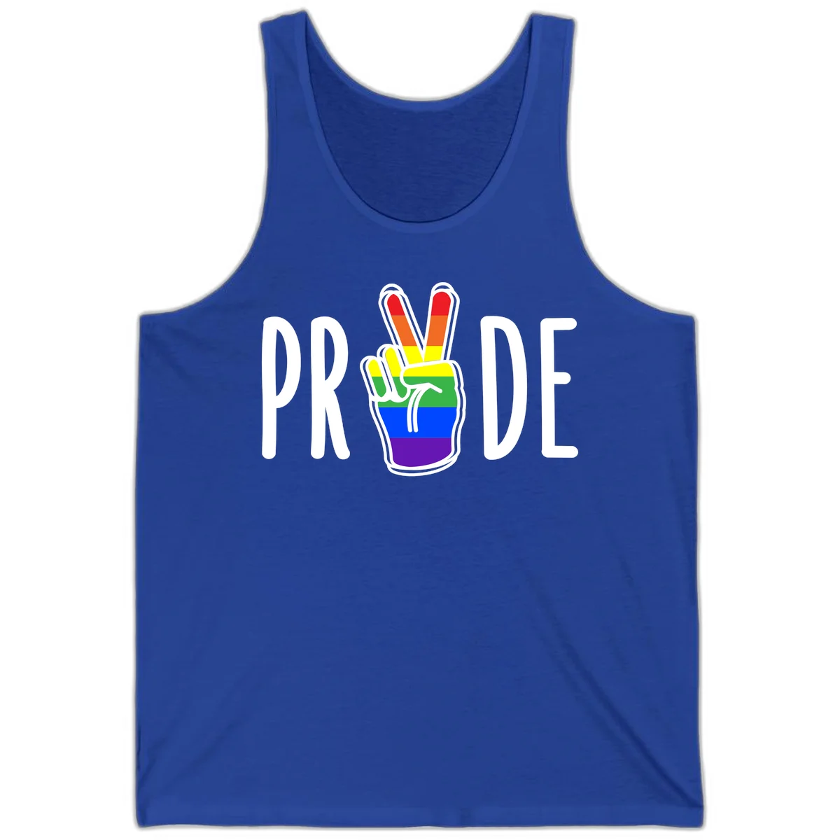 Pride peace hand rainbow design with colorful peace gesture and PRIDE text in True Royal