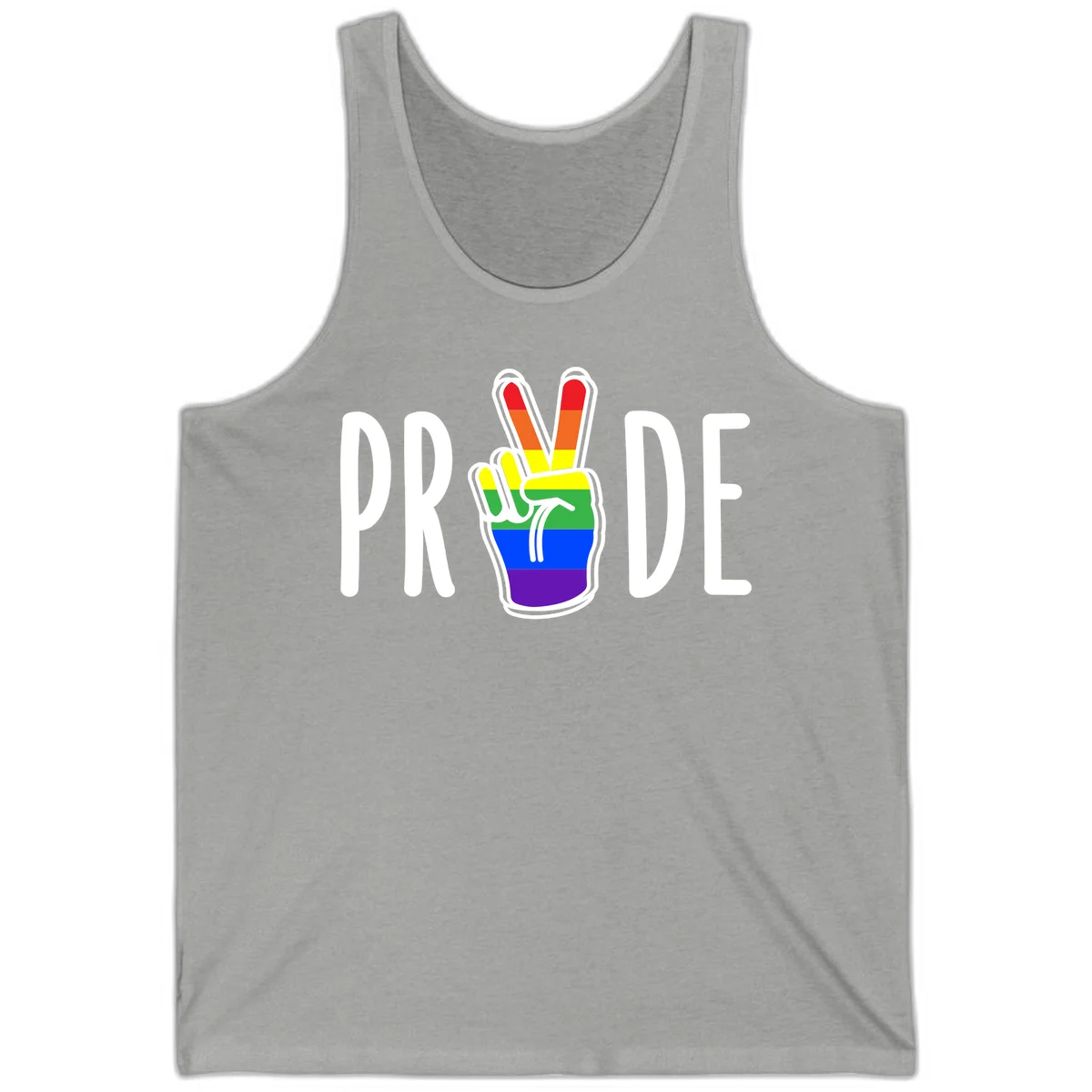 Pride peace hand rainbow design with colorful peace gesture and PRIDE text in Athletic Heather