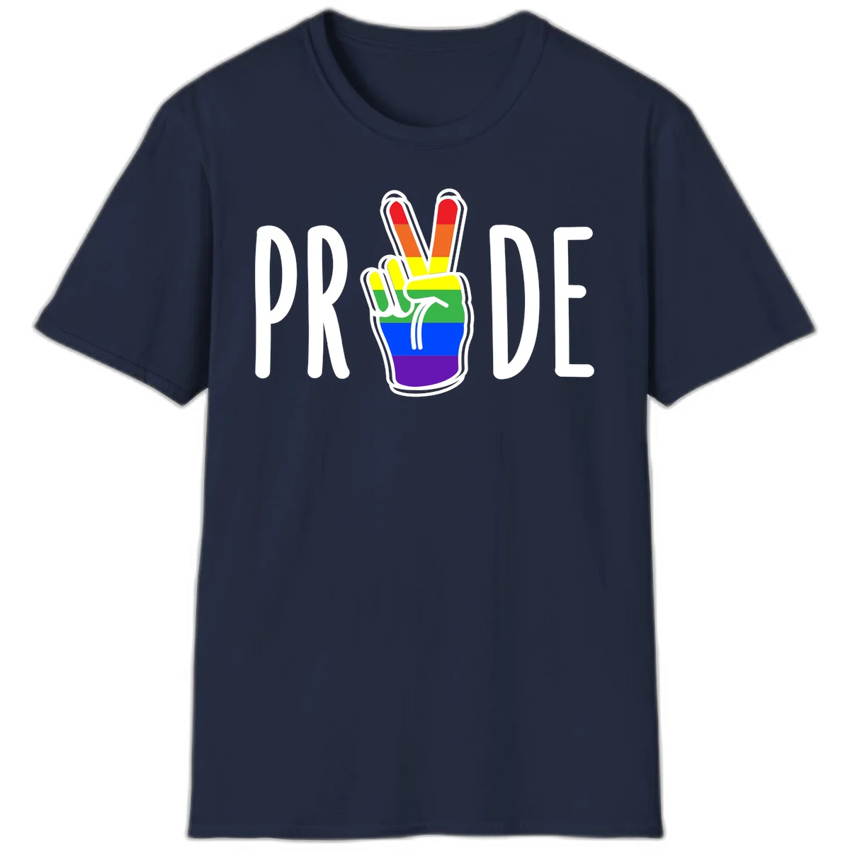 Pride peace hand rainbow design with colorful peace gesture and PRIDE text in Navy
