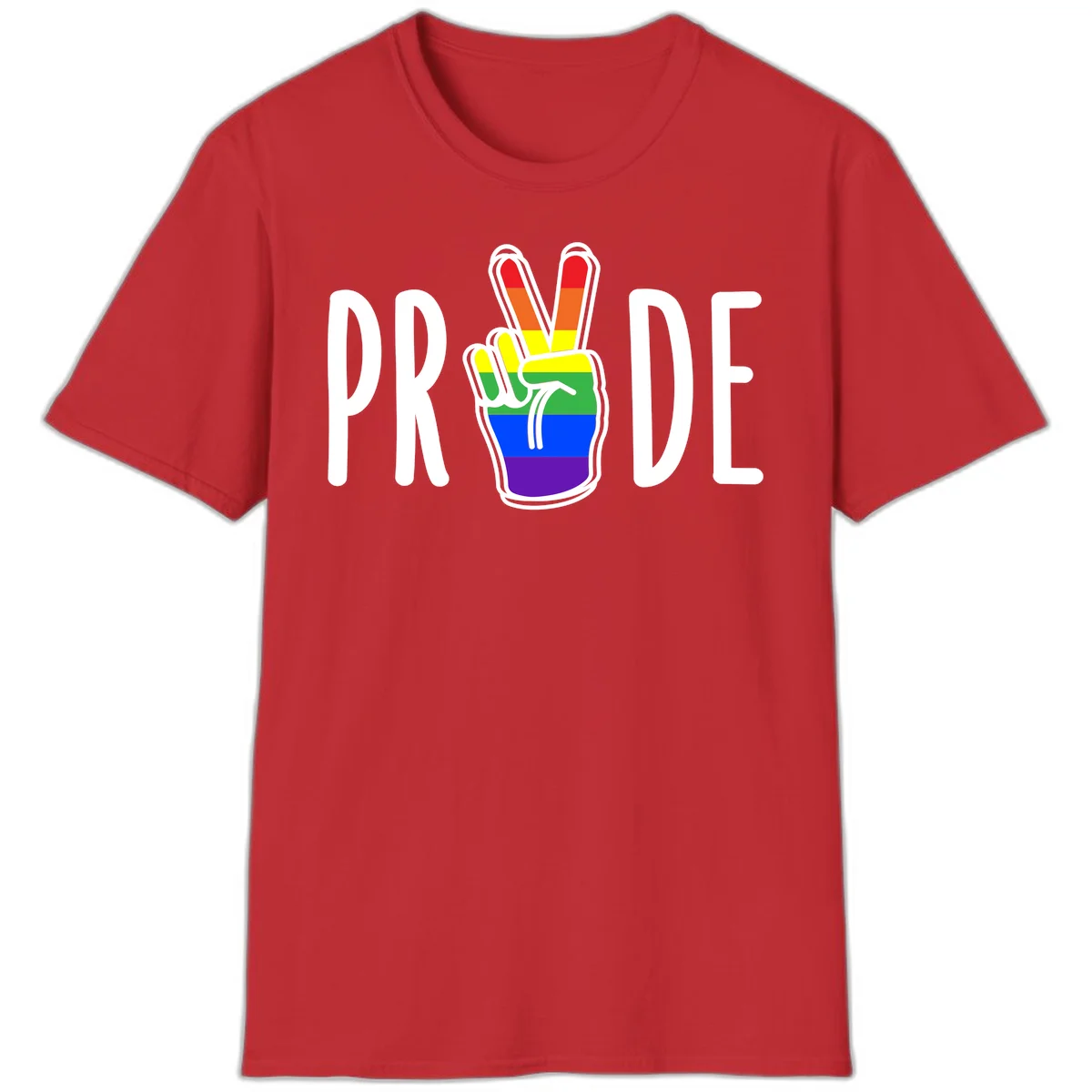Pride peace hand rainbow design with colorful peace gesture and PRIDE text in Red