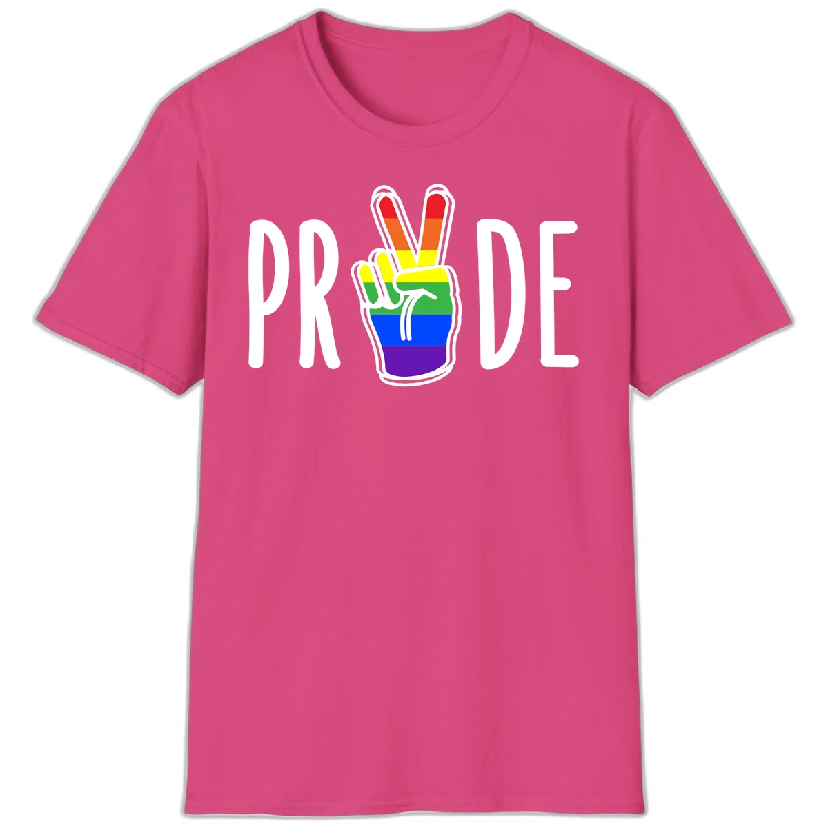 Pride peace hand rainbow design with colorful peace gesture and PRIDE text in Heliconia