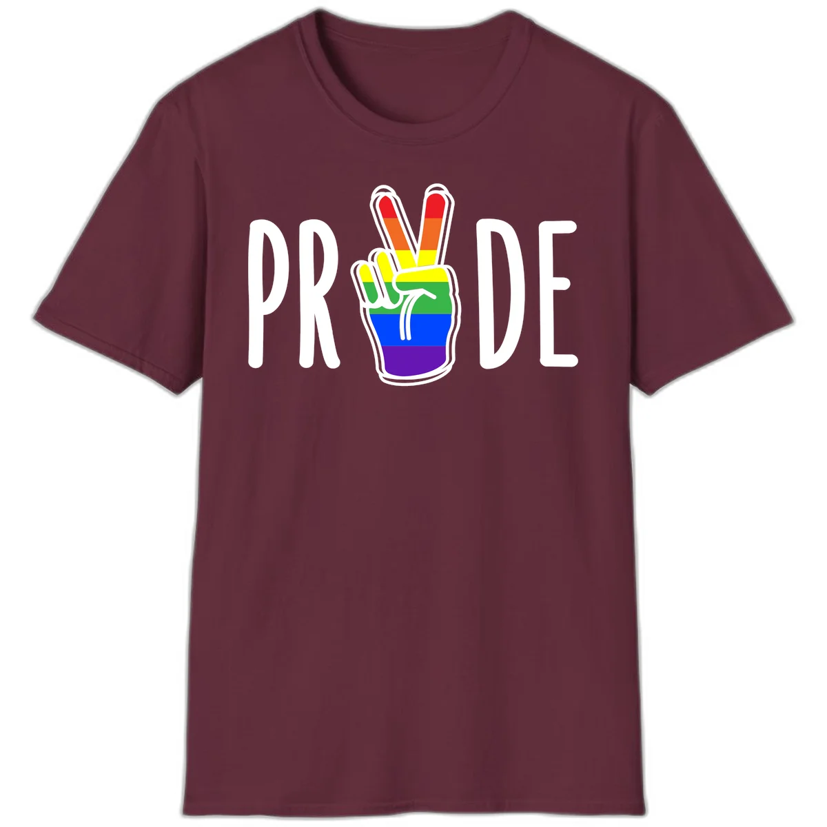 Pride peace hand rainbow design with colorful peace gesture and PRIDE text in Maroon