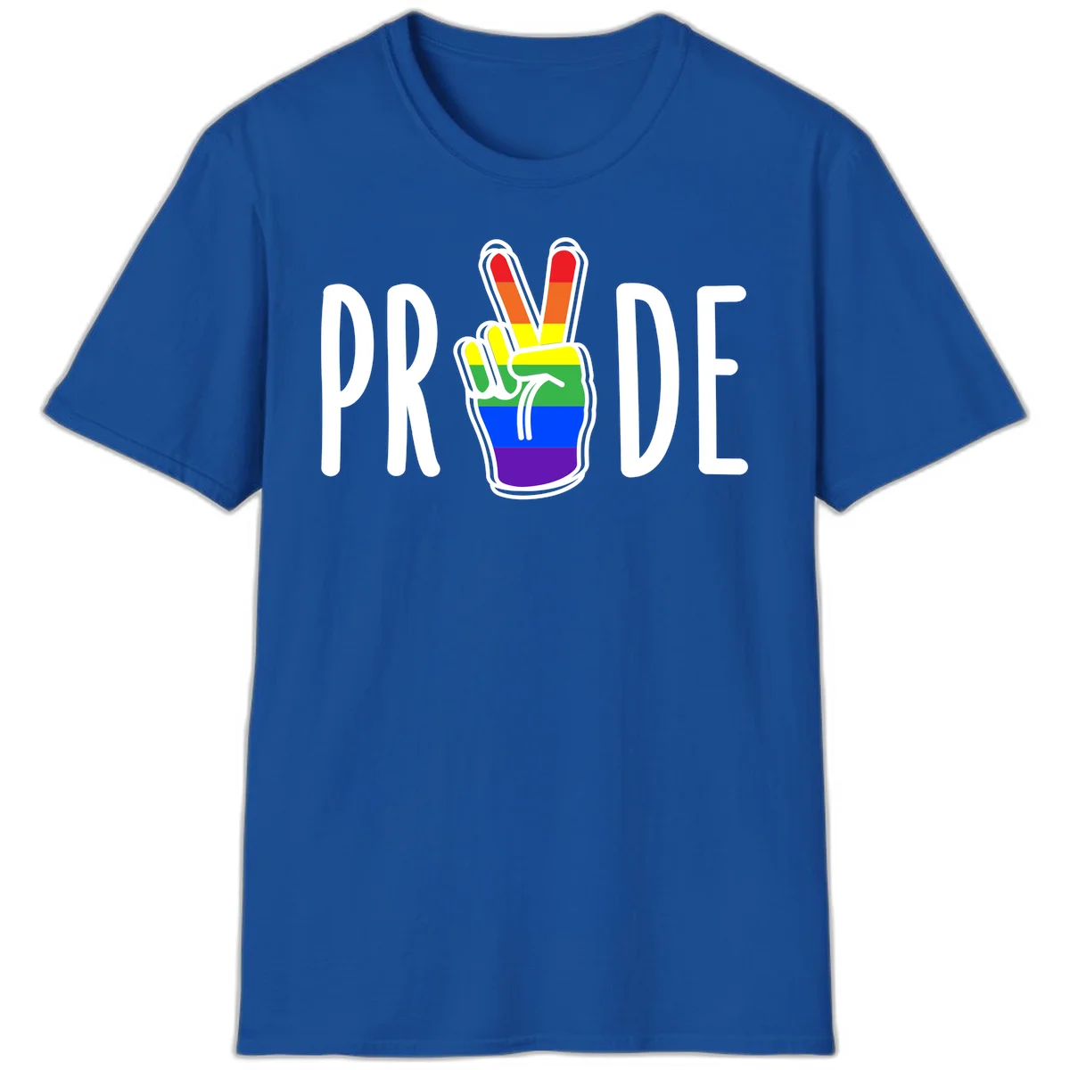 Pride peace hand rainbow design with colorful peace gesture and PRIDE text in Royal