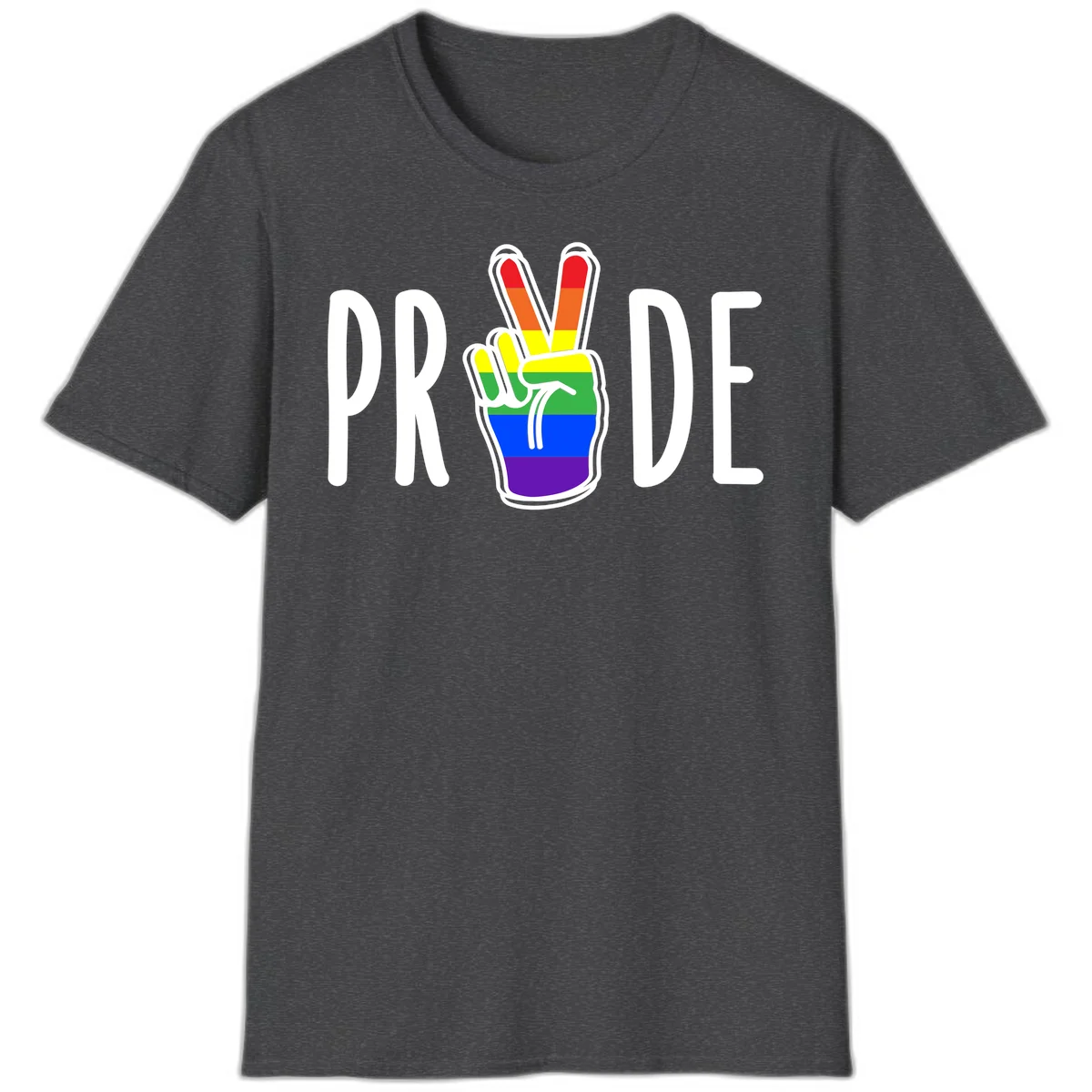 Pride peace hand rainbow design with colorful peace gesture and PRIDE text in Dark Heather
