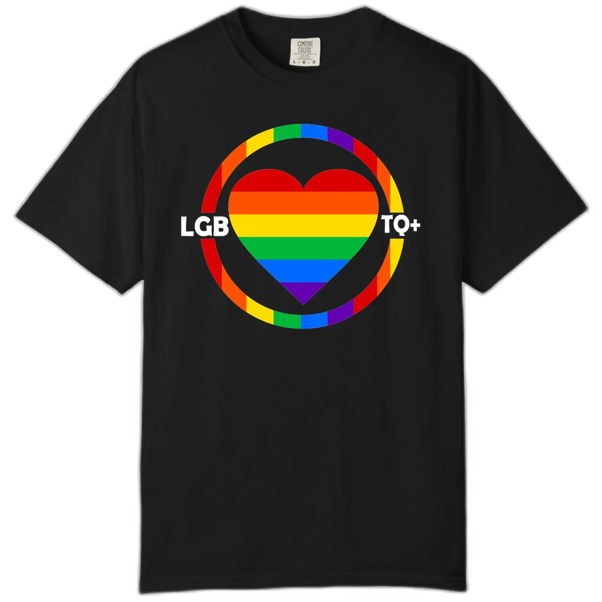 Rainbow heart with LGB TO+ text in concentric pride circles on gray background in Black