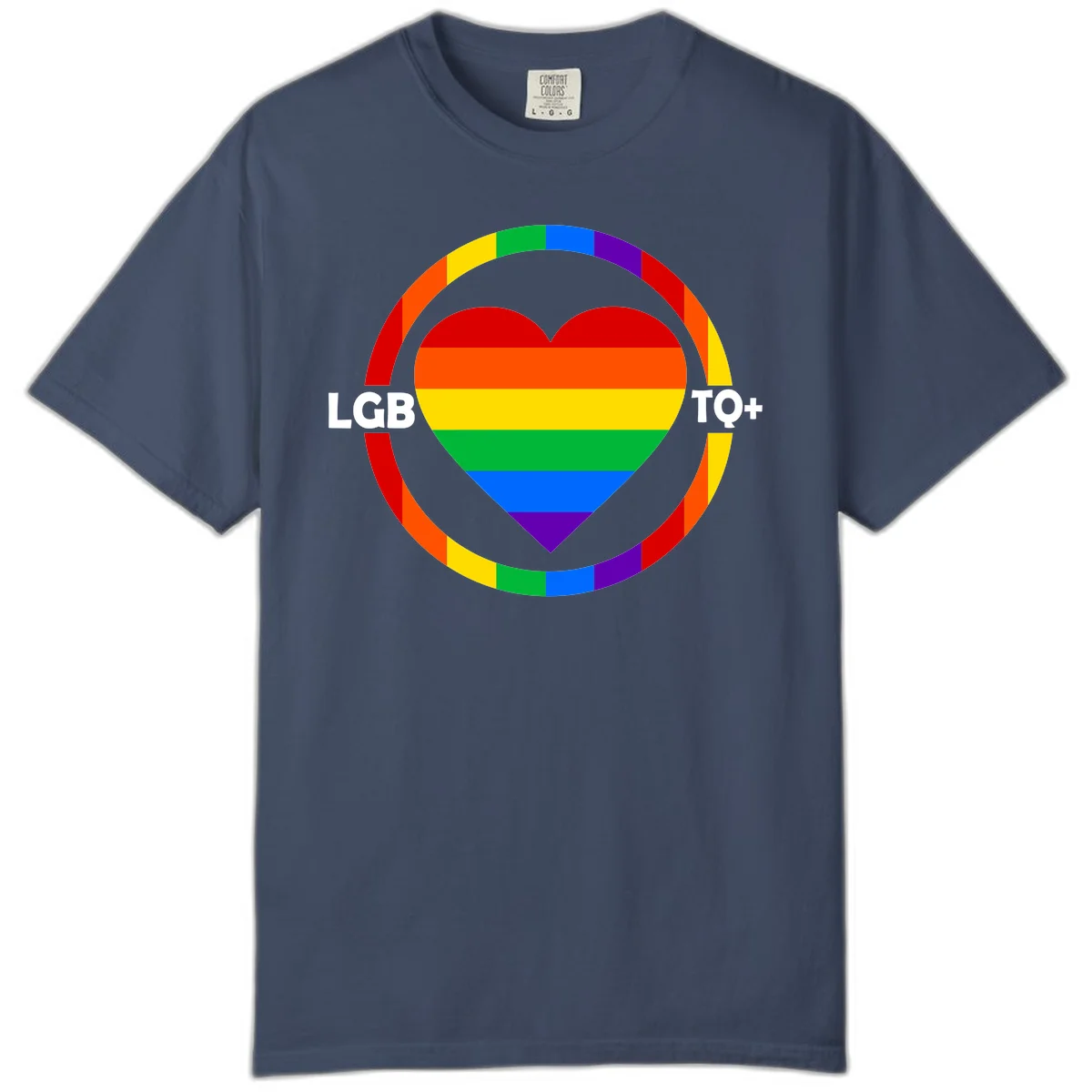 Rainbow heart with LGB TO+ text in concentric pride circles on gray background in Midnight