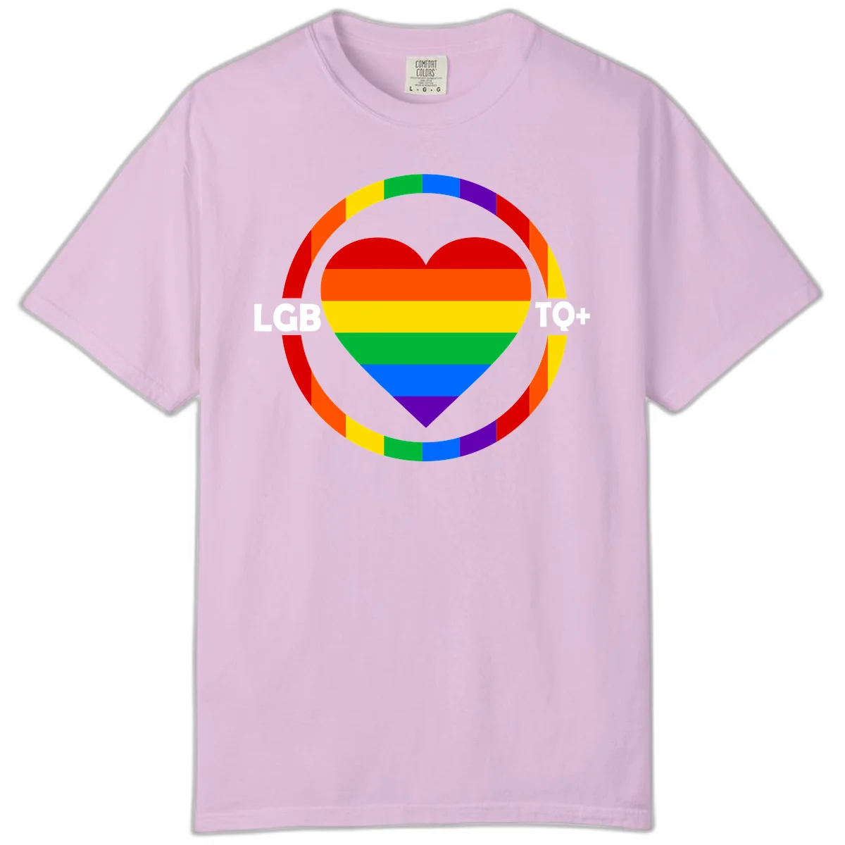Rainbow heart with LGB TO+ text in concentric pride circles on gray background in Orchid