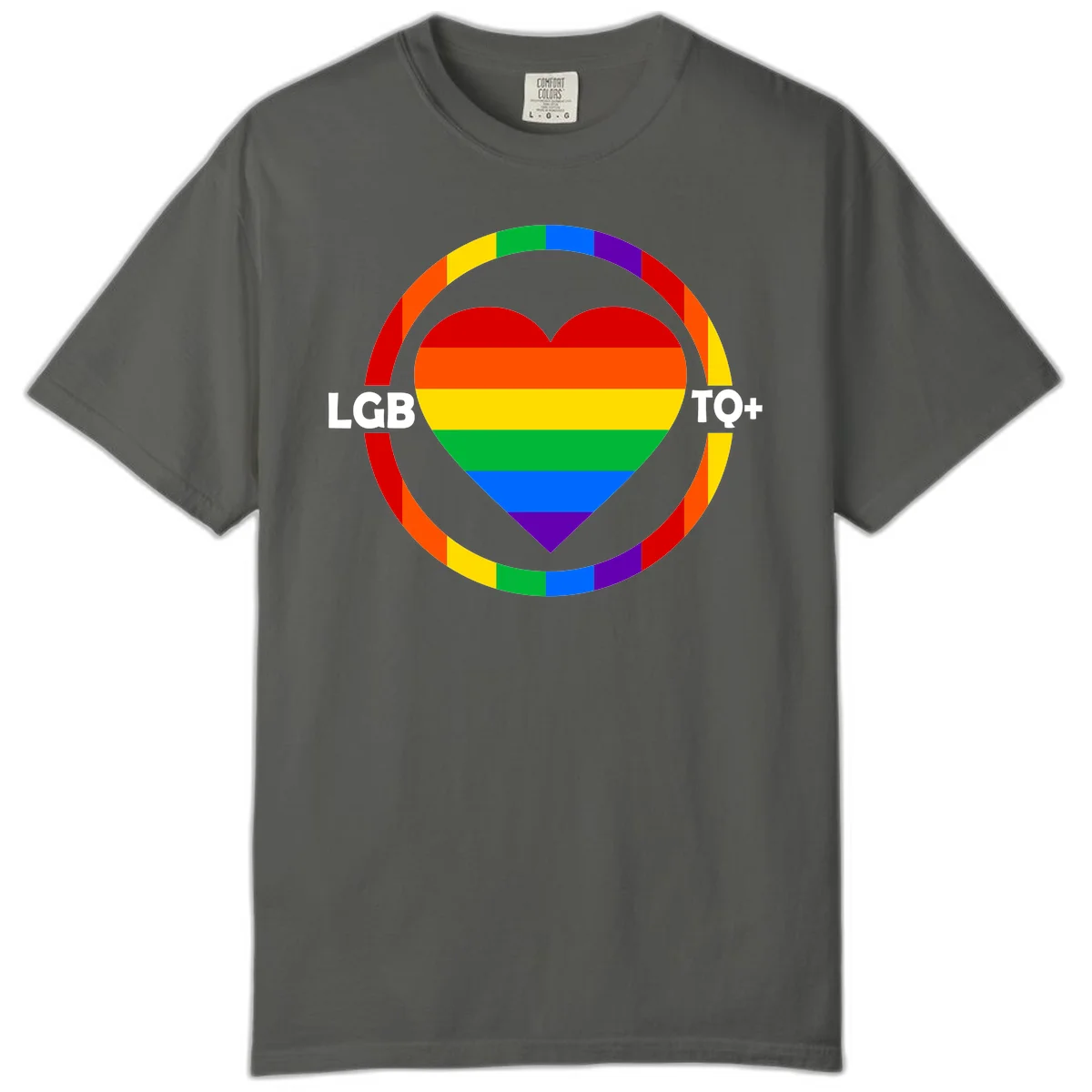 Rainbow heart with LGB TO+ text in concentric pride circles on gray background in Pepper