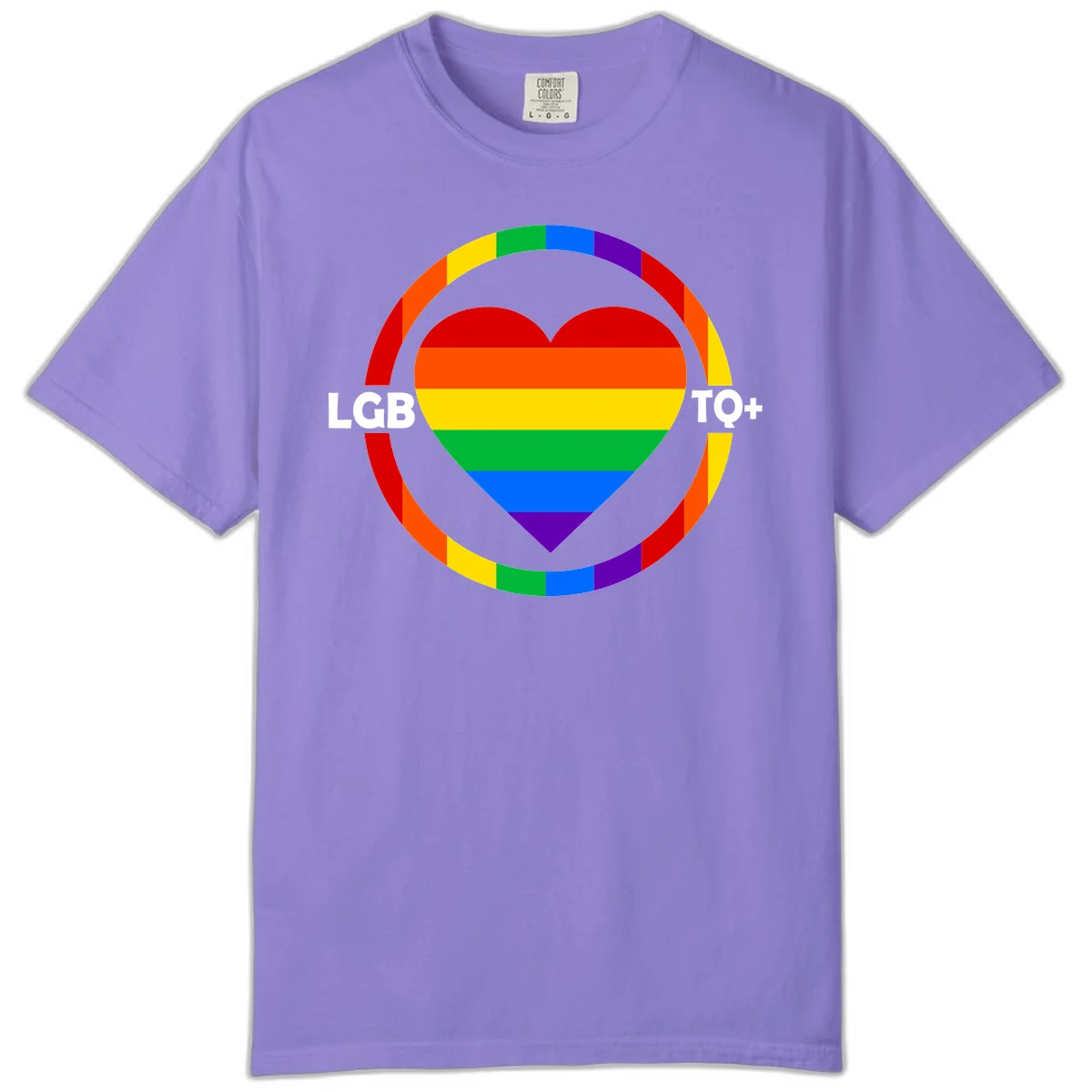 Rainbow heart with LGB TO+ text in concentric pride circles on gray background in Violet