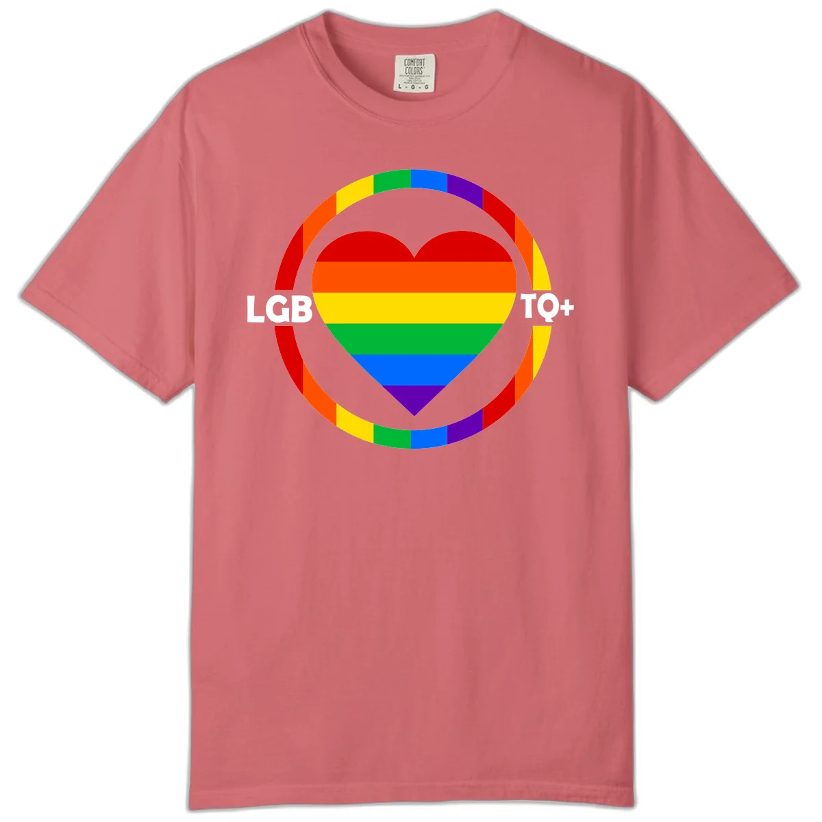 Rainbow heart with LGB TO+ text in concentric pride circles on gray background in Watermelon