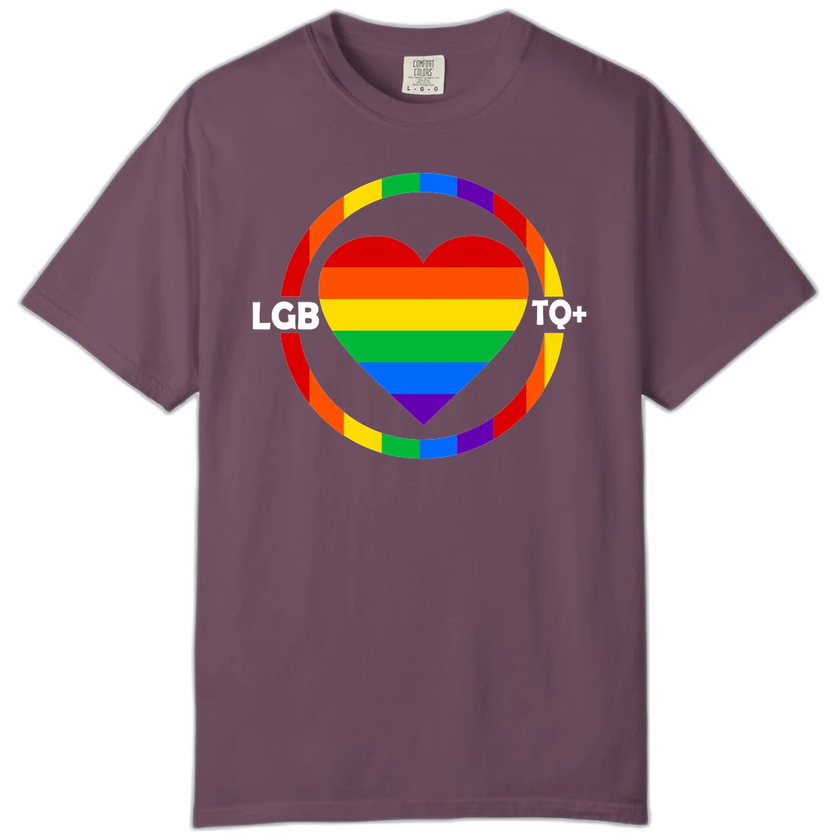 Rainbow heart with LGB TO+ text in concentric pride circles on gray background in Berry