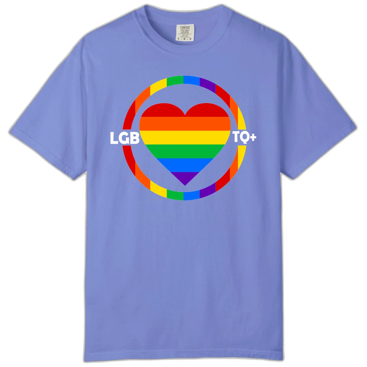 Rainbow heart with LGB TO+ text in concentric pride circles on gray background in Flo Blue