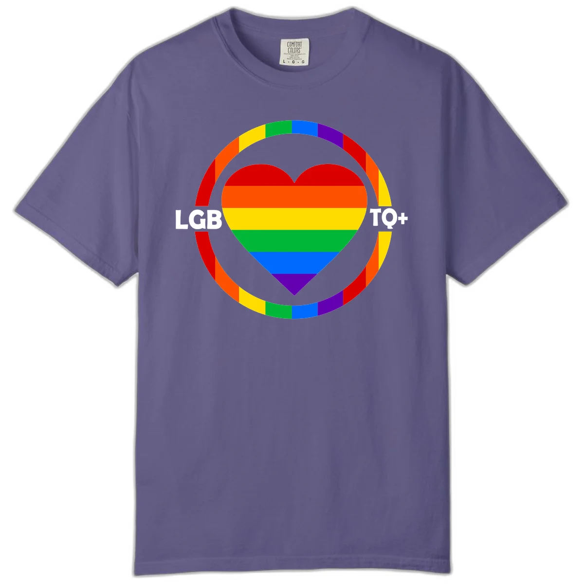 Rainbow heart with LGB TO+ text in concentric pride circles on gray background in Grape