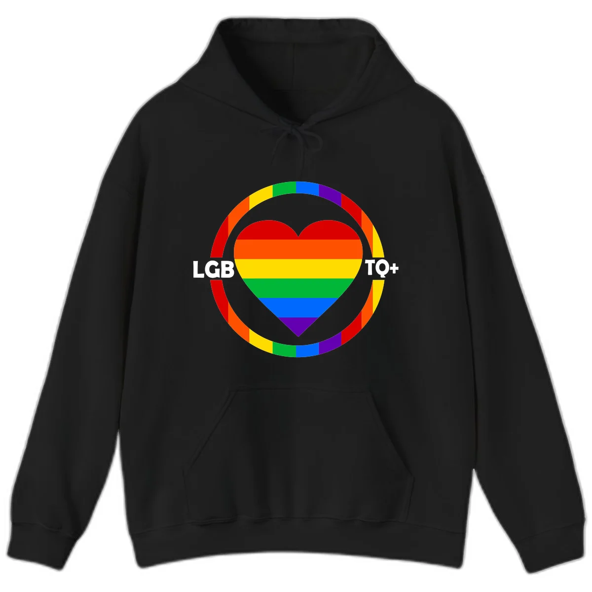Rainbow heart with LGB TO+ text in concentric pride circles on gray background in Black