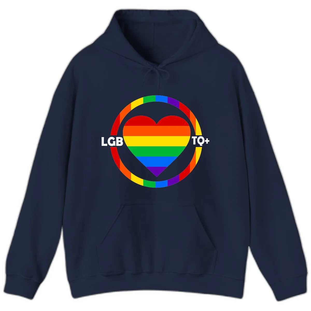 Rainbow heart with LGB TO+ text in concentric pride circles on gray background in Navy