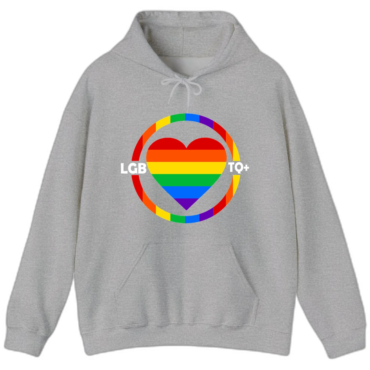 Rainbow heart with LGB TO+ text in concentric pride circles on gray background in Sport Grey