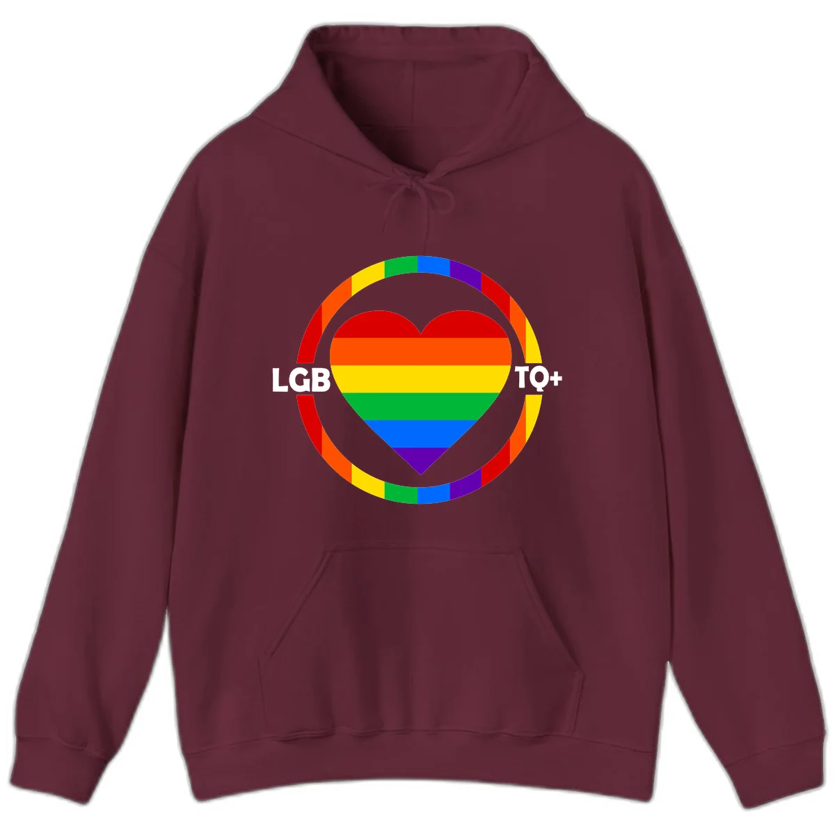 Rainbow heart with LGB TO+ text in concentric pride circles on gray background in Maroon