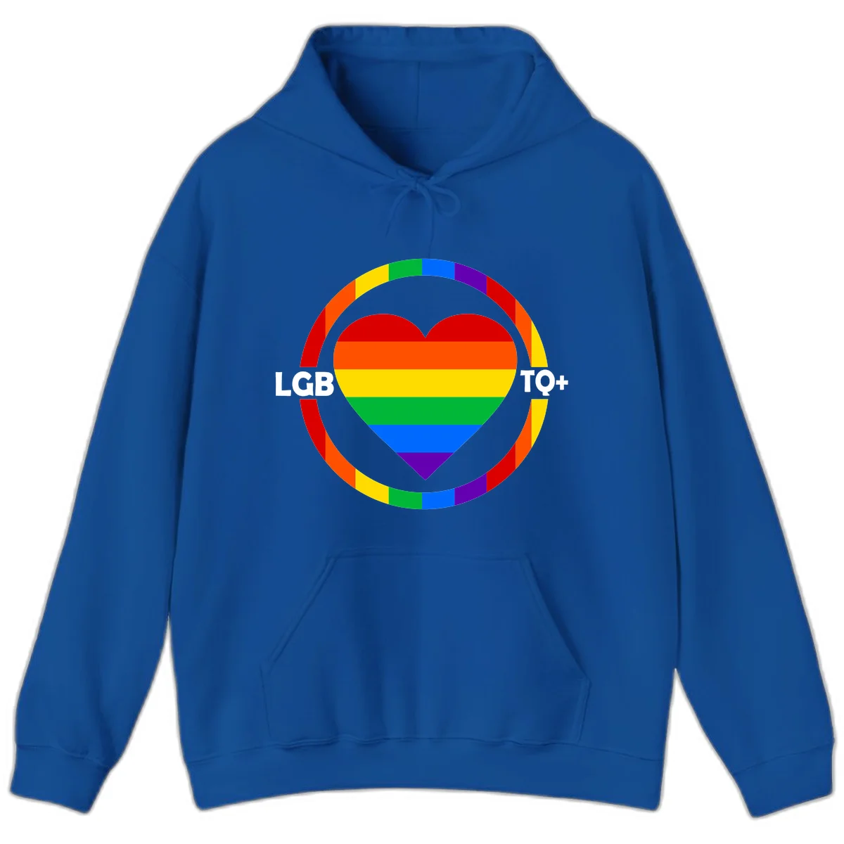 Rainbow heart with LGB TO+ text in concentric pride circles on gray background in Royal