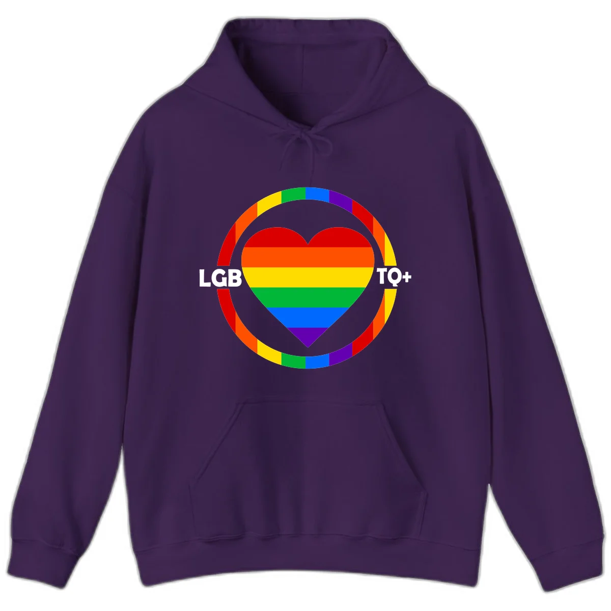 Rainbow heart with LGB TO+ text in concentric pride circles on gray background in Purple