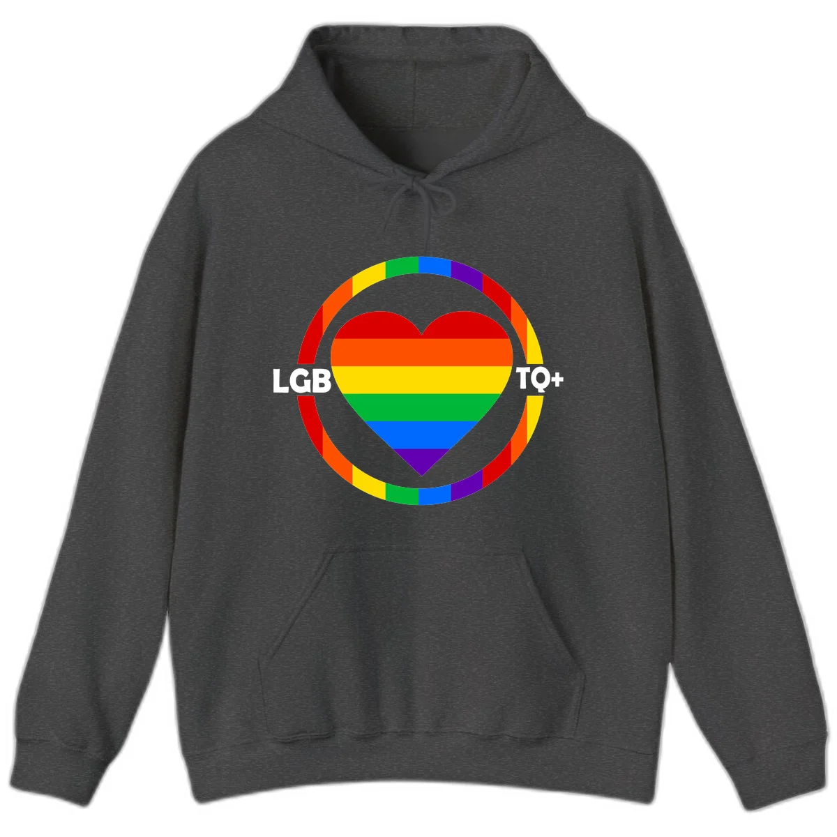 Rainbow heart with LGB TO+ text in concentric pride circles on gray background in Dark Heather