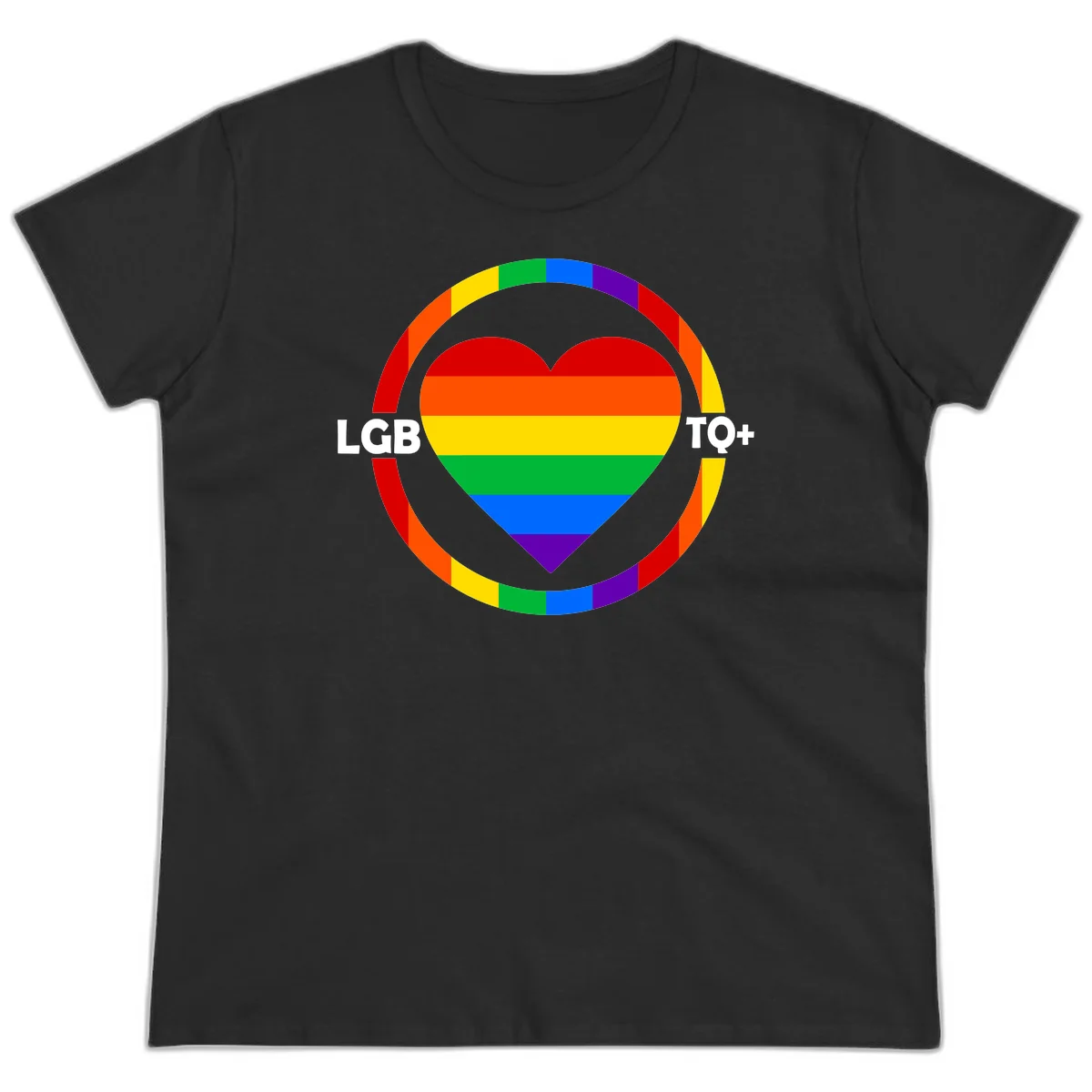 Rainbow heart with LGB TO+ text in concentric pride circles on gray background in Black