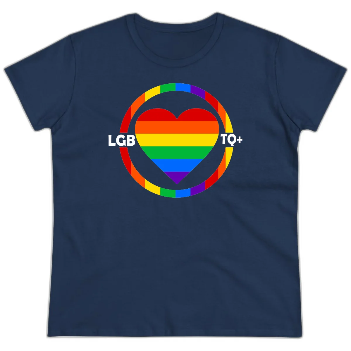 Rainbow heart with LGB TO+ text in concentric pride circles on gray background in Navy