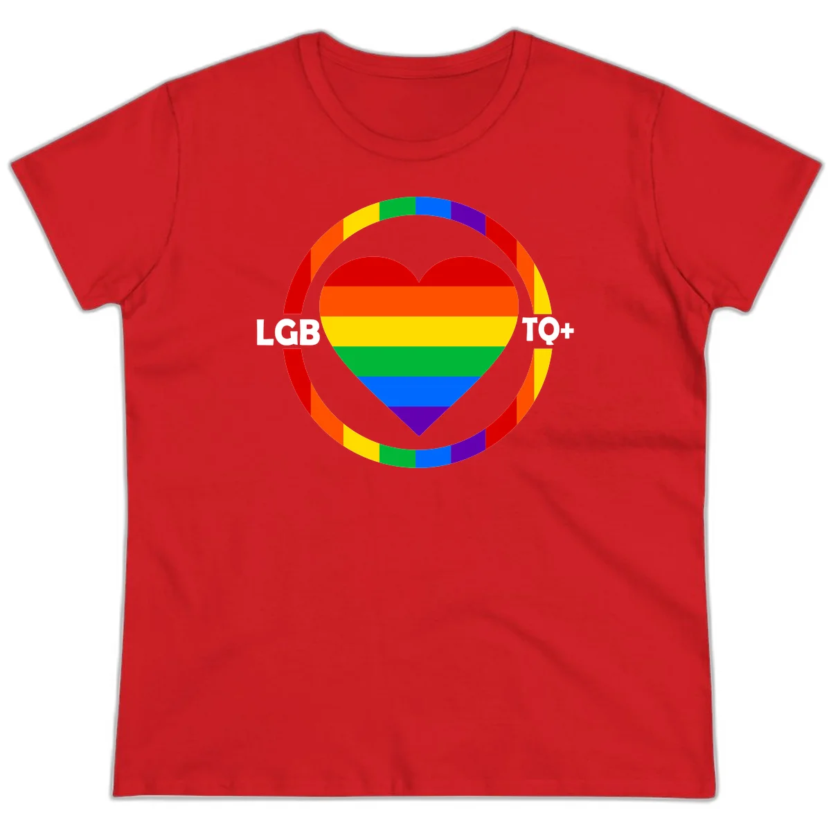Rainbow heart with LGB TO+ text in concentric pride circles on gray background in Red