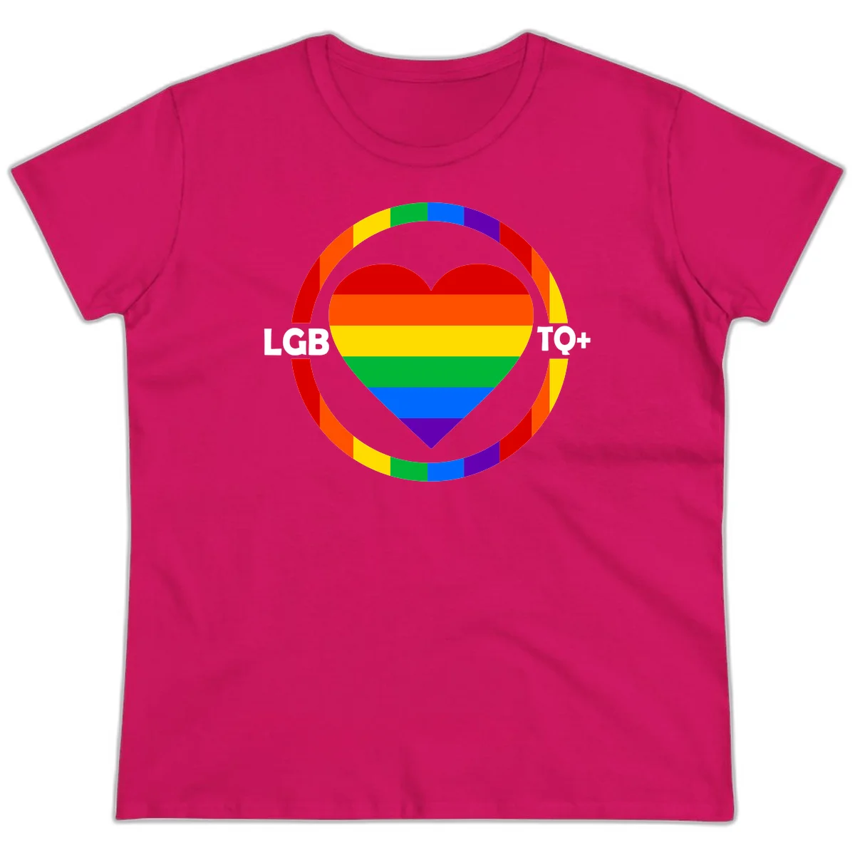 Rainbow heart with LGB TO+ text in concentric pride circles on gray background in Heliconia