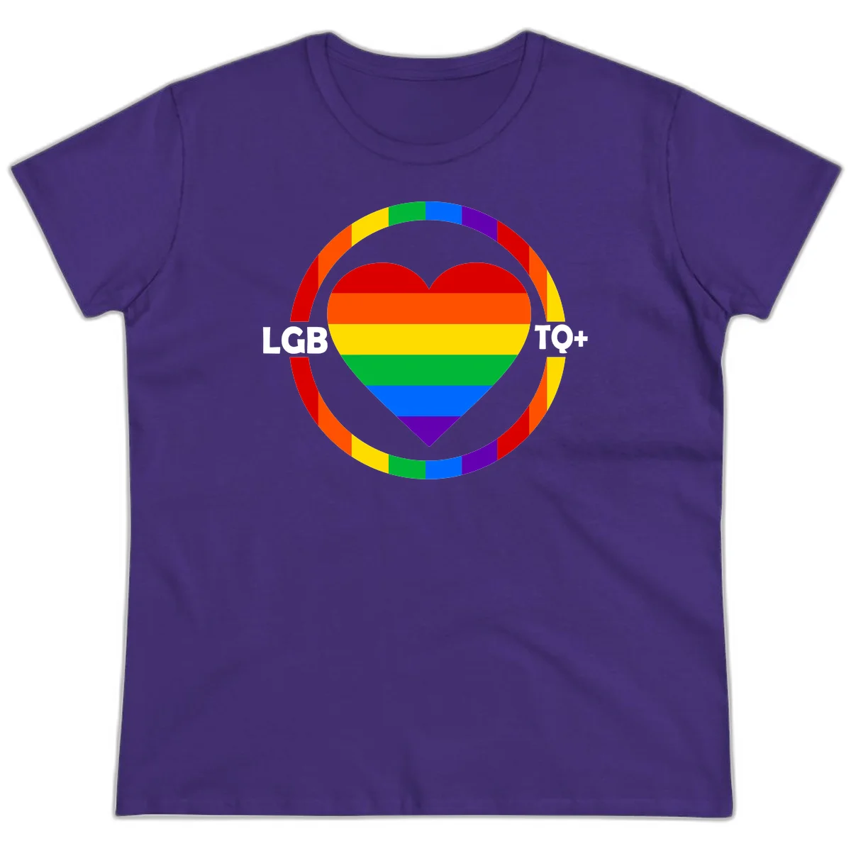 Rainbow heart with LGB TO+ text in concentric pride circles on gray background in Purple