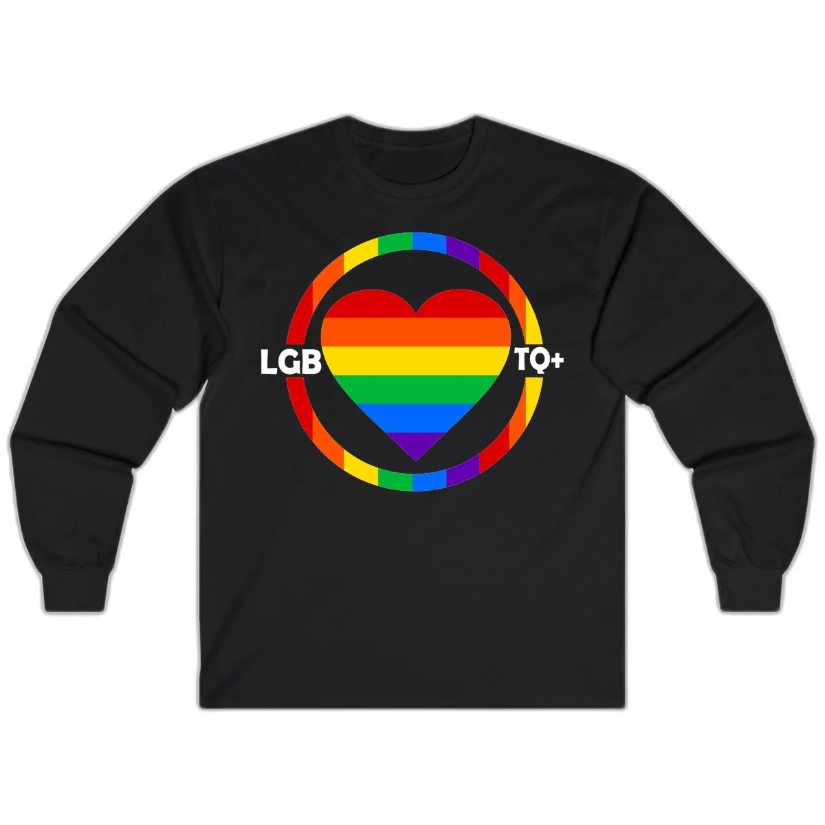 Rainbow heart with LGB TO+ text in concentric pride circles on gray background in Black